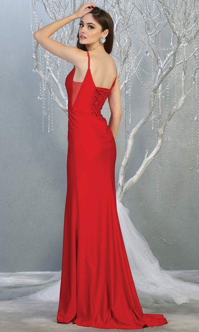 Mayqueen MQ1819 long red sexy fitted prom dress w/open back. Full length red gown is perfect for enagagement/e-shoot dress, wedding reception dress, indowestern gown, formal evening party dress, prom. Plus sizes avail-back.jpg