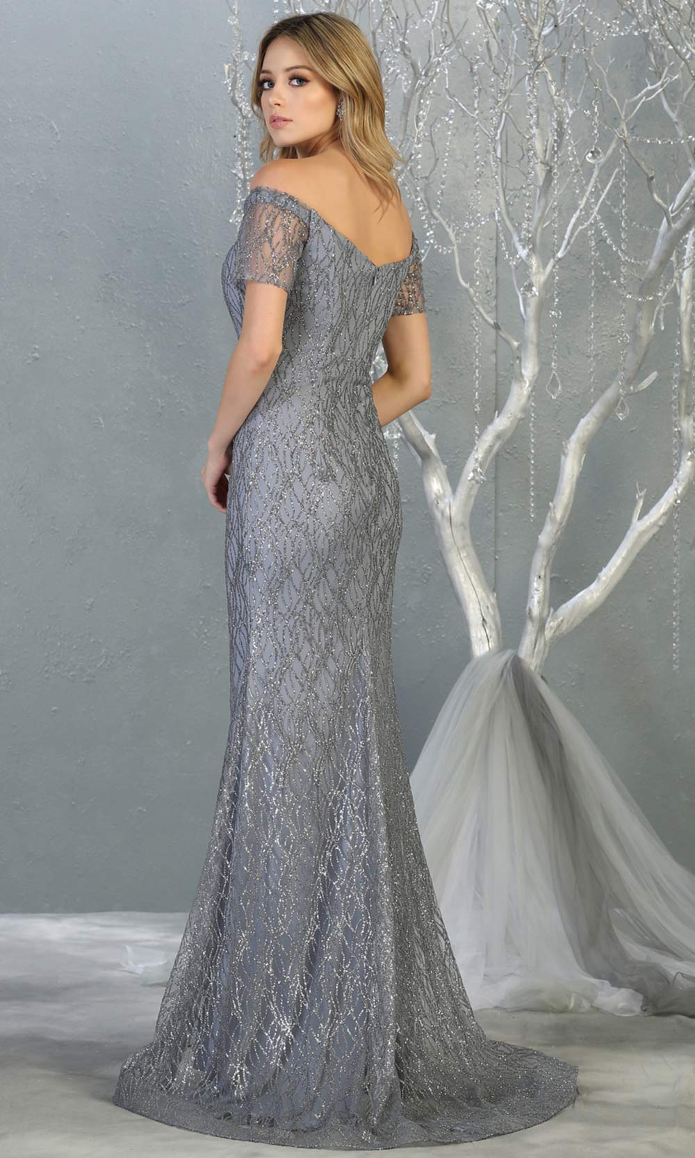 Mayqueen MQ1824 long dusty blue fitted sequin glittery dress w/off shoulder. Full length blue grey gown is perfect for enagagement/e-shoot dress, wedding reception dress, indowestern gown, bridesmaid, formal evening party dress. Plus sizes avail-b.jpg
