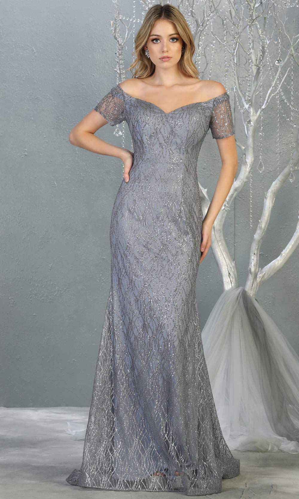 Mayqueen MQ1824 long dusty blue fitted sequin glittery dress w/off shoulder. Full length blue grey gown is perfect for enagagement/e-shoot dress, wedding reception dress, indowestern gown, bridesmaid, formal evening party dress, prom. Plus sizes avail.jpg
