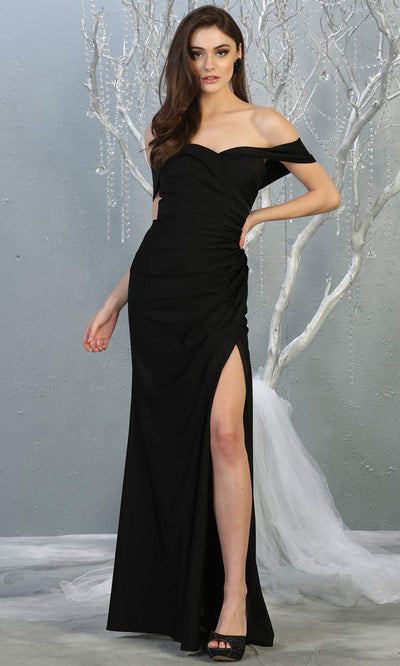 Mayqueen MQ1825 long black off shoulder fitted bridesmaid dress w/high slit. Full length black sleek & sexy gown is perfect for enagagement/e-shoot dress, formal wedding guest, indowestern gown, evening party dress, prom, bridesmaid. Plus sizes avail.jpg