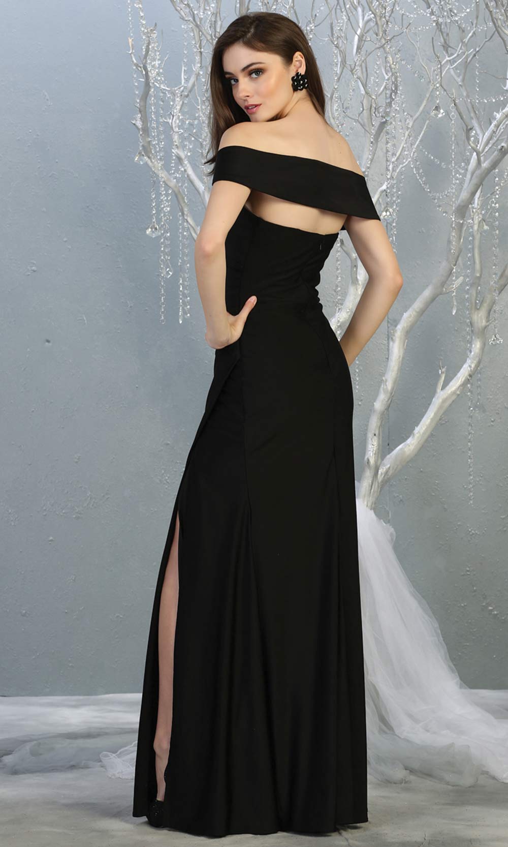 Mayqueen MQ1825 long black off shoulder fitted bridesmaid dress w/high slit. Full length black sleek & sexy gown is perfect for enagagement/e-shoot dress, formal wedding guest, indowestern gown, evening party dress, prom, bridesmaid.Plus sizes avail-b.jpg