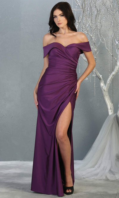 Mayqueen MQ1825 long eggplant off shoulder fitted bridesmaid dress w/high slit. Full length sleek & sexy gown is perfect for enagagement/e-shoot dress, formal wedding guest, indowestern gown, evening party dress, prom, bridesmaid. Plus sizes avail.jpg