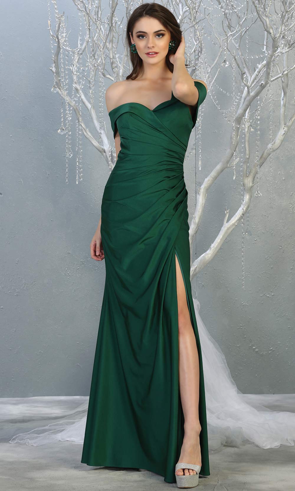 Mayqueen MQ1825 long hunter green off shoulder fitted bridesmaid dress w/high slit. Full length sleek & sexy gown is perfect for enagagement/e-shoot dress, formal wedding guest, indowestern gown, evening party dress, prom, bridesmaid. Plus sizes avail.jpg