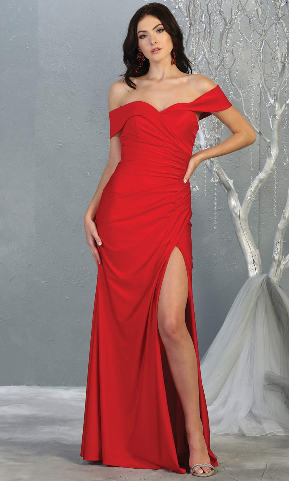 Mayqueen MQ1825 long red off shoulder fitted bridesmaid dress w/high slit. Full length red sleek & sexy gown is perfect for enagagement/e-shoot dress, formal wedding guest, indowestern gown, evening party dress, prom, bridesmaid. Plus sizes avail.jpg