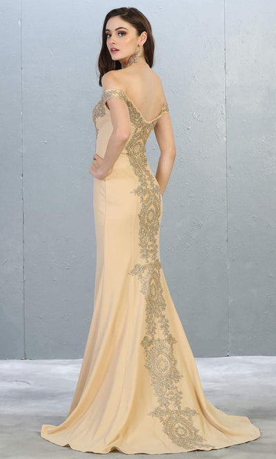 Mayqueen Mq1640 long champagne off shoulder dress w/train. This light gold evening dress is perfect for prom, engagement dress, formal wedding party, wedding reception dress, indowestern gown. Plus sizes are available-b.jpg