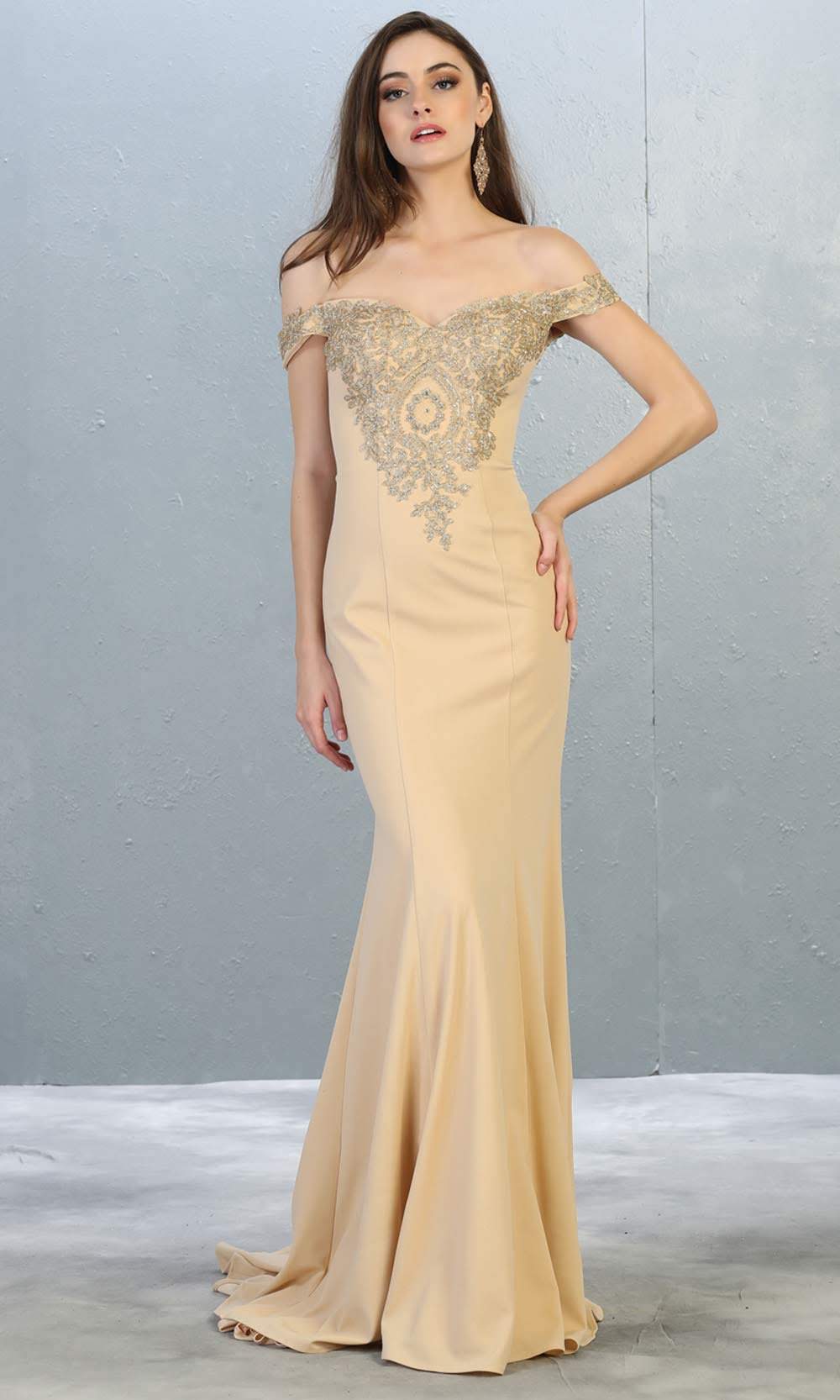 Mayqueen Mq1640 long champagne off shoulder dress w/train. This light gold evening dress is perfect for prom, engagement dress, formal wedding party, wedding reception dress, indowestern gown. Plus sizes are available.jpg