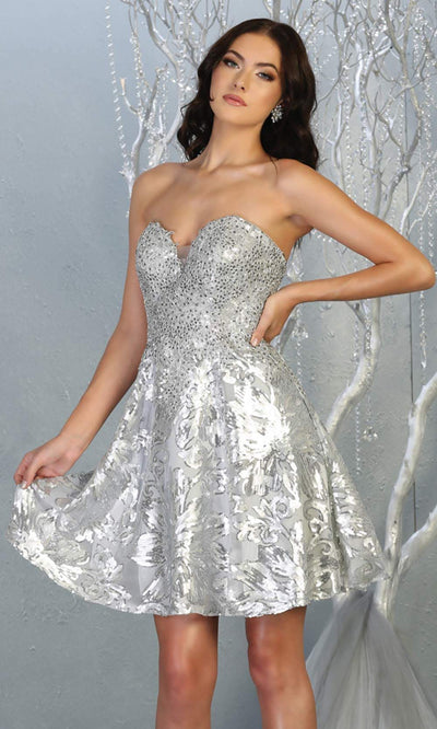 Mayqueen Mq1691 short silver grey flowy strapless beaded grade 8 graduation dress. This light gray shiny party dress is perfect for prom, graduation, grade 8 grad, confirmation dress, bat mitzvah dress, damas. Plus sizes avail.jpggrade 8 grad dresses, graduation dresses