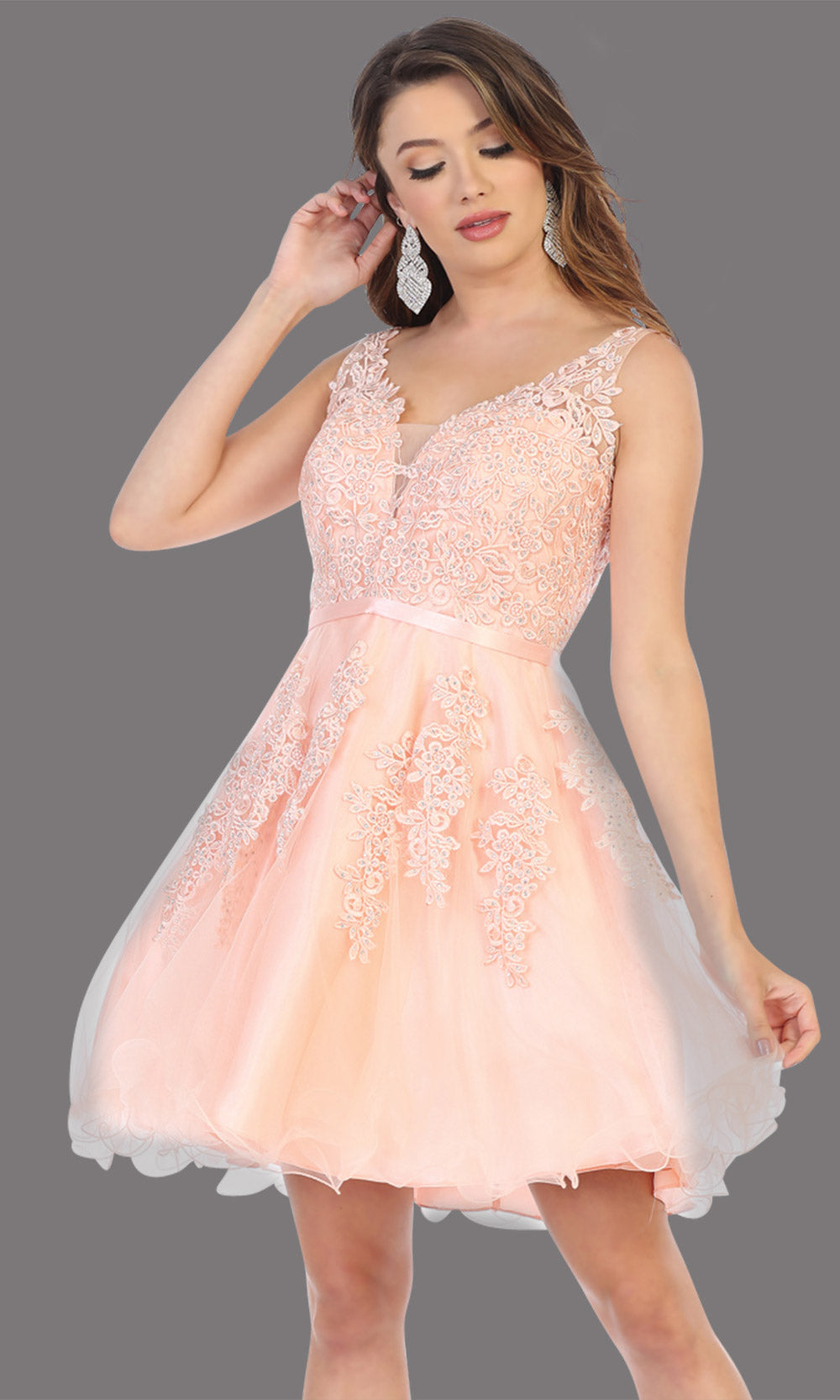 Mayqueen Mq1692 short blush pink flowy v neck simple lace grade 8 graduation dress w/ wide straps. This blush pink party dress is perfect for prom, graduation, grade 8 grad, confirmation dress, bat mitzvah dress, damas. Plus sizes avail.jpggrade 8 grad dresses, graduation dresses