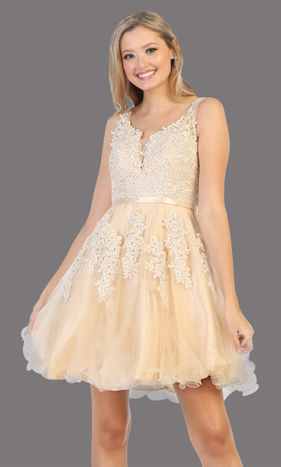 Mayqueen Mq1692 short champagne gold flowy v neck simple lace grade 8 graduation dress w/ wide straps. This light gold party dress is perfect for prom, graduation, grade 8 grad, confirmation dress, bat mitzvah dress, damas. Plus sizes avail.jpggrade 8 grad dresses, graduation dresses