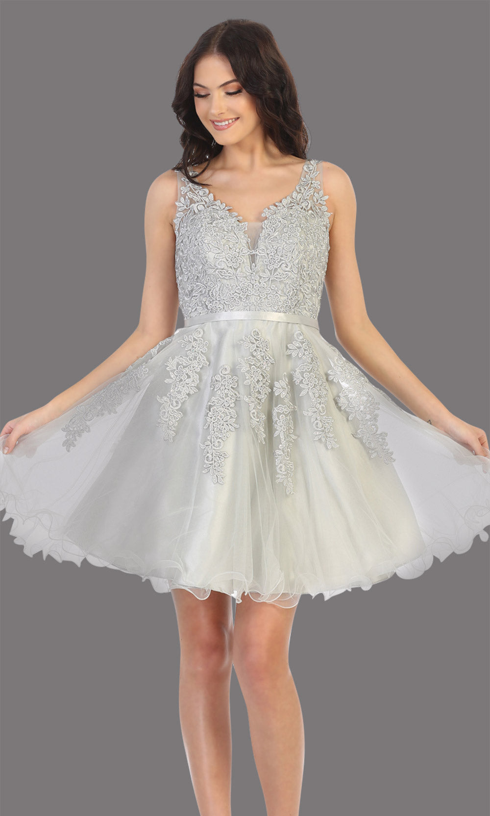 Mayqueen Mq1692 short silver gray flowy v neck simple lace grade 8 graduation dress w/ wide straps. This light grey party dress is perfect for prom, graduation, grade 8 grad, confirmation dress, bat mitzvah dress, damas. Plus sizes avail.jpggrade 8 grad dresses, graduation dresses