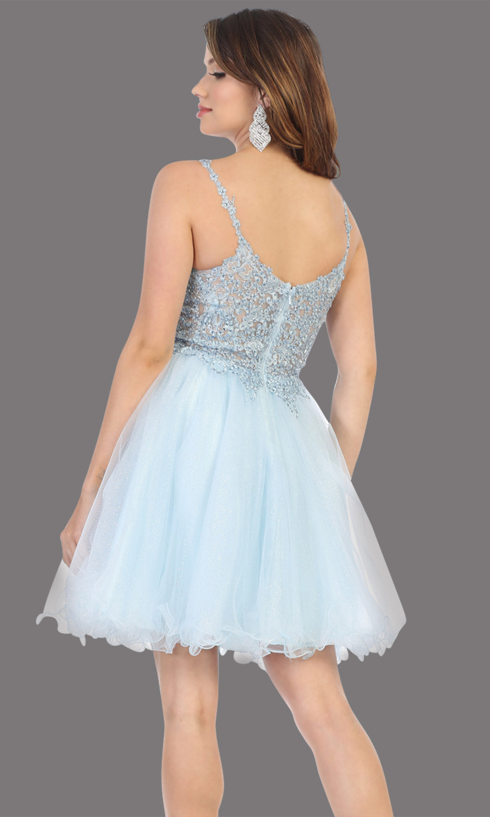 Mayqueen Mq1693 short baby blue flowy v neck beaded sequin grade 8 graduation dress w/straps & puffy skirt. This light blue party dress is perfect for prom, graduation, grade 8 grad, confirmation dress, bat mitzvah dress, damas. Plus sizes avail-b.jpggrade 8 grad dresses, graduation dresses