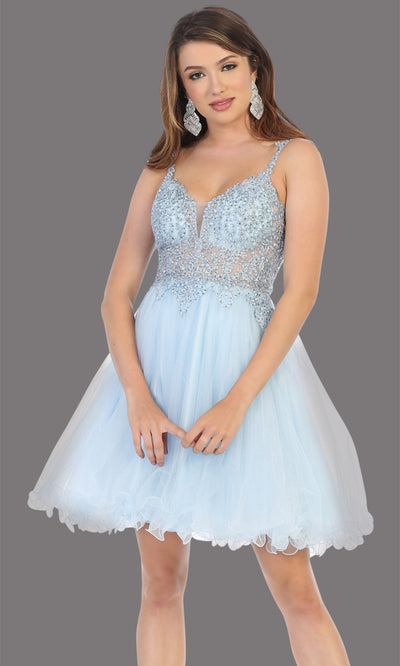 Mayqueen Mq1693 short baby blue flowy v neck beaded sequin grade 8 graduation dress w/straps & puffy skirt. This light blue party dress is perfect for prom, graduation, grade 8 grad, confirmation dress, bat mitzvah dress, damas. Plus sizes avail.jpggrade 8 grad dresses, graduation dresses