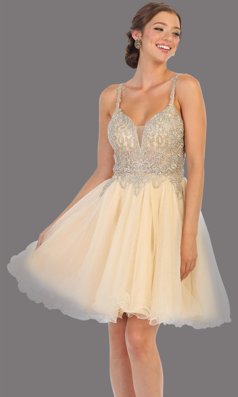 Mayqueen Mq1693 short champagne gold flowy v neck beaded sequin grade 8 graduation dress w/straps & puffy skirt. This light gold party dress is perfect for prom, graduation, grade 8 grad, confirmation dress, bat mitzvah dress, damas. Plus sizes avail.jpg