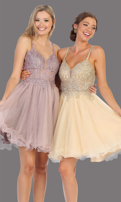 Mayqueen Mq1693 short mauve flowy v neck beaded sequin grade 8 graduation dress w/straps & puffy skirt. This dusty rose party dress is perfect for prom, graduation, grade 8 grad, confirmation dress, bat mitzvah dress, damas. Plus sizes avail.jpg