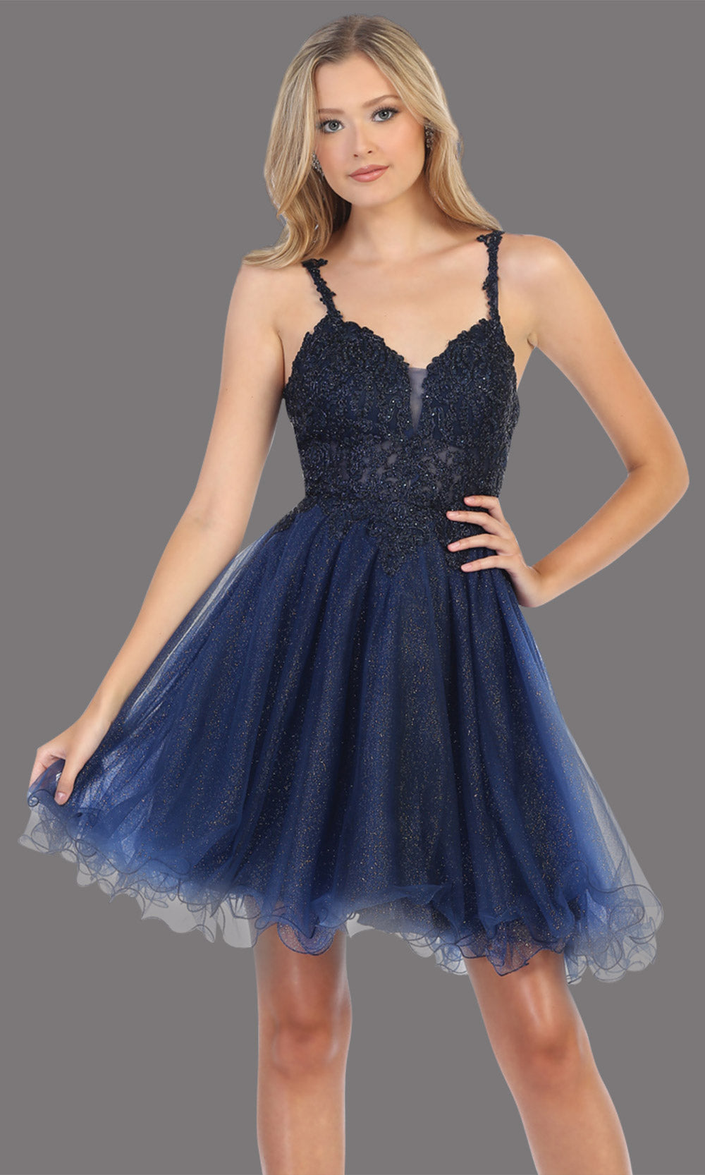 Mayqueen Mq1693 short navy blue flowy v neck beaded sequin grade 8 graduation dress w/straps & puffy skirt. This dark blue party dress is perfect for prom, graduation, grade 8 grad, confirmation dress, bat mitzvah dress, damas. Plus sizes avail.jpggrade 8 grad dresses, graduation dresses