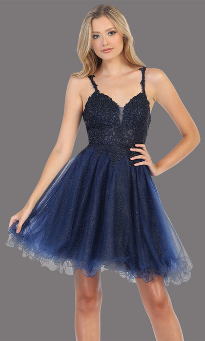 Mayqueen Mq1693 short navy blue flowy v neck beaded sequin grade 8 graduation dress w/straps & puffy skirt. This dark blue party dress is perfect for prom, graduation, grade 8 grad, confirmation dress, bat mitzvah dress, damas. Plus sizes avail.jpggrade 8 grad dresses, graduation dresses