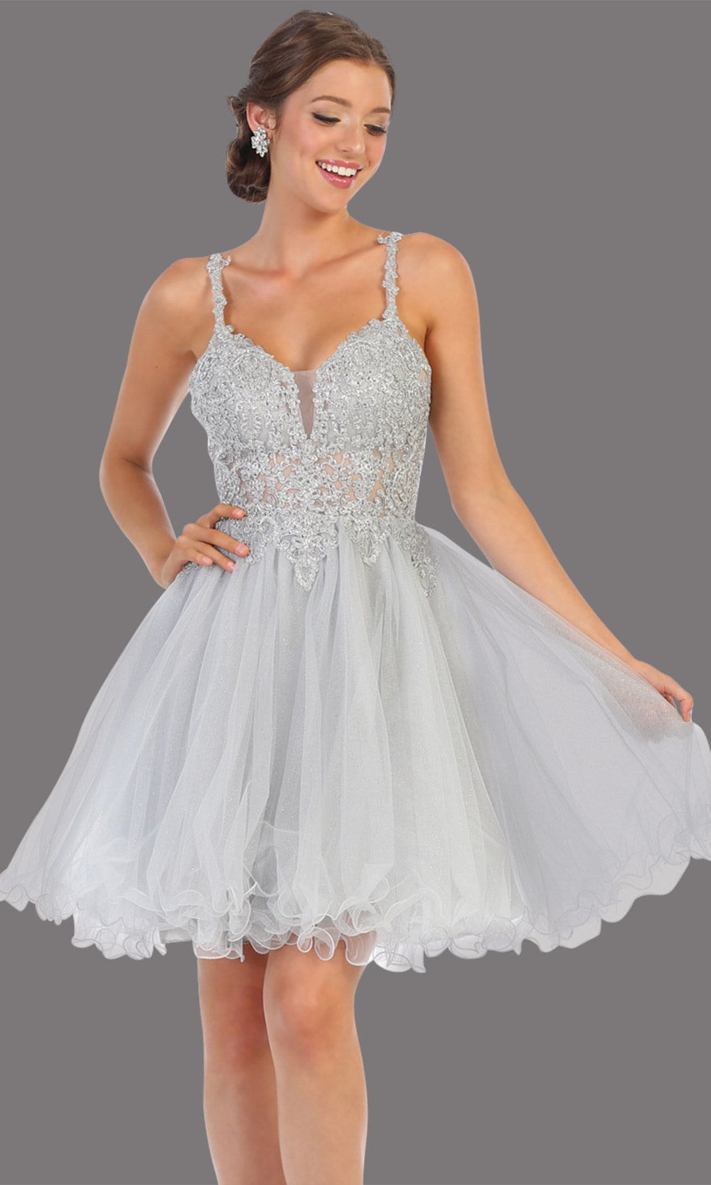 Mayqueen Mq1693 short silver flowy v neck beaded sequin grade 8 graduation dress w/straps & puffy skirt. This light gray party dress is perfect for prom, graduation, grade 8 grad, confirmation dress, bat mitzvah dress, damas. Plus sizes avail.jpg