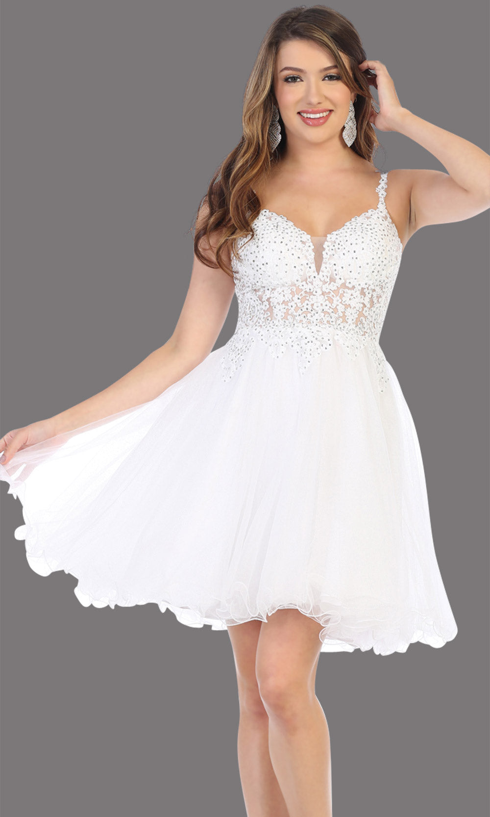 Mayqueen Mq1693 short white flowy v neck beaded sequin grade 8 graduation dress w/straps & puffy skirt. This white party dress is perfect for prom, graduation, grade 8 grad, confirmation dress, bat mitzvah dress, damas. Plus sizes avail.jpggrade 8 grad dresses, graduation dresses