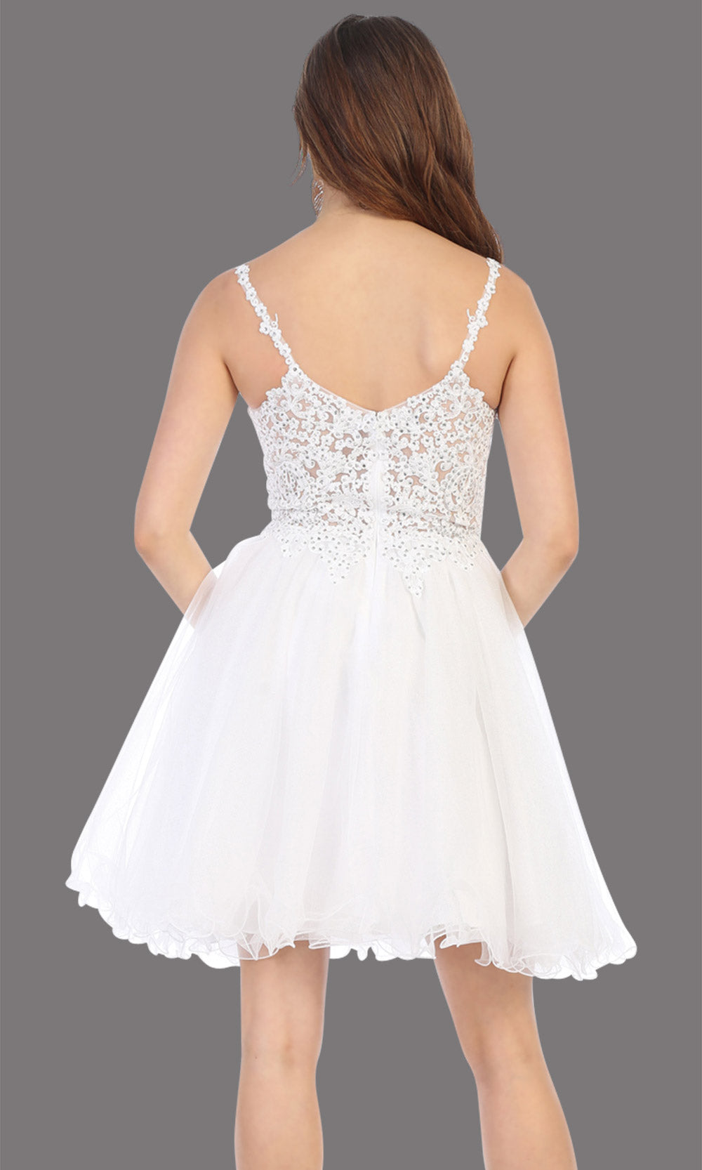 Mayqueen Mq1693 short white flowy v neck beaded sequin grade 8 graduation dress w/straps & puffy skirt. This white party dress is perfect for prom, graduation, grade 8 grad, confirmation dress, bat mitzvah dress, damas. Plus sizes avail-back.jpggrade 8 grad dresses, graduation dresses