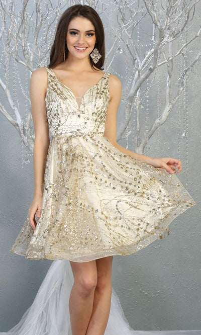 Mayqueen Mq1702 short v neck ivory gold flowy glittery grade 8 graduation dress. This ivory gold shiny party dress with wide straps is perfect for prom, graduation, grade 8 grad, confirmation dress, bat mitzvah dress, damas. Plus sizes avail.jpggrade 8 grad dresses, graduation dresses