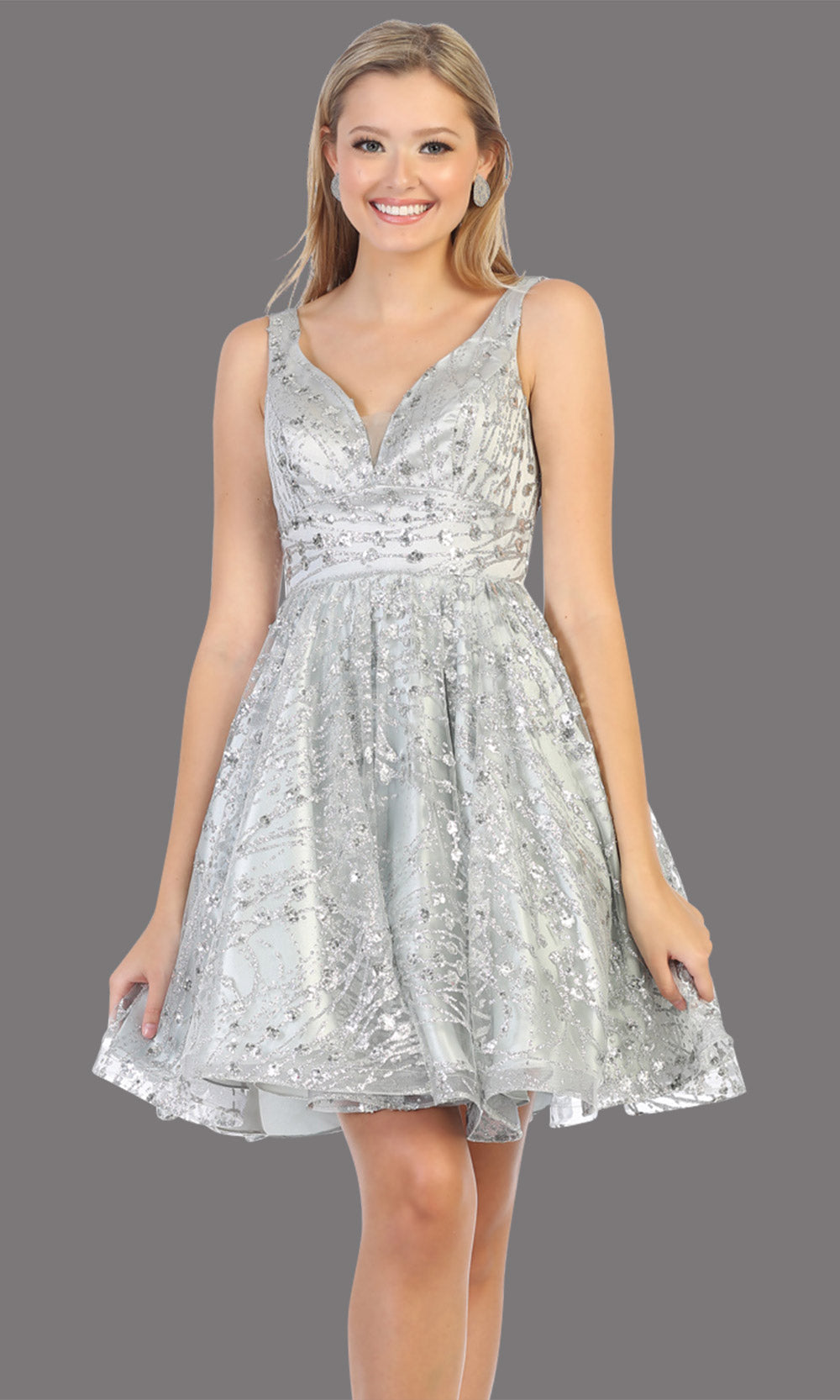Mayqueen Mq1702 short v neck silver flowy glittery grade 8 graduation dress. This light grey shiny party dress with wide straps is perfect for prom, graduation, grade 8 grad, confirmation dress, bat mitzvah dress, damas. Plus sizes avail.jpggrade 8 grad dresses, graduation dresses