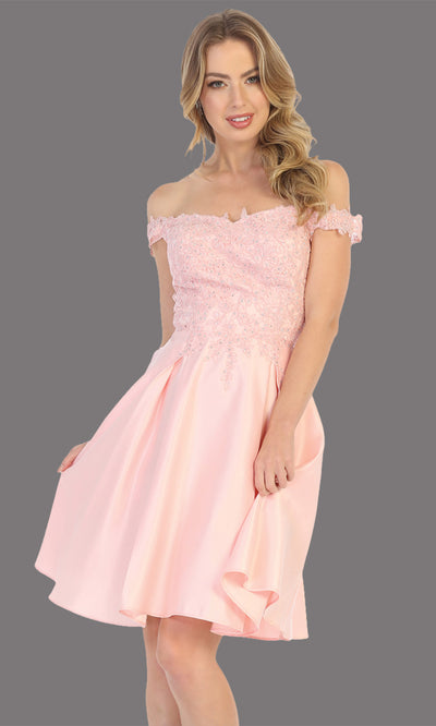 Mayqueen Mq1766 short blush pink flowy off shoulder lace grade 8 graduation dress w/ satin skirt. Light pink party dress is perfect for prom, graduation, grade 8 grad, confirmation dress, bat mitzvah dress, damas. Plus sizes avail.jpg