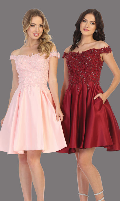 Mayqueen Mq1766 short burgundy red flowy off shoulder lace grade 8 graduation dress w/ satin skirt. Dark red party dress is perfect for prom, graduation, grade 8 grad, confirmation dress, bat mitzvah dress, damas. Plus sizes avail.jpg
