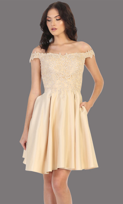 Mayqueen Mq1766 short champagne gold flowy off shoulder lace grade 8 graduation dress w/ satin skirt. Light gold party dress is perfect for prom, graduation, grade 8 grad, confirmation dress, bat mitzvah dress, damas. Plus sizes avail.jpg