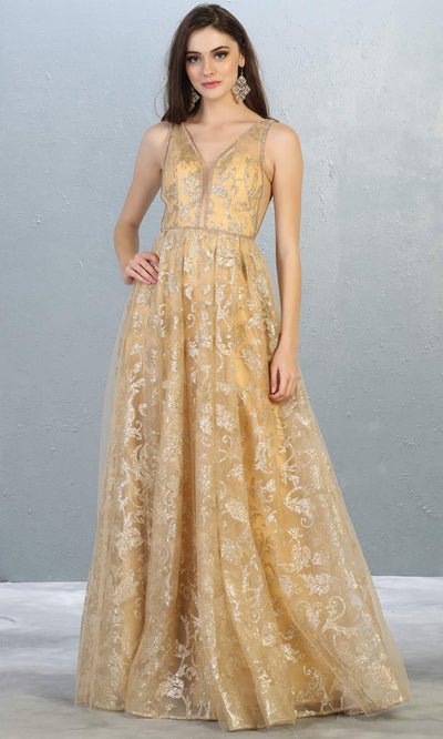 Mayqueen RQ7769 long champagne v neck flowy tulle skirt dress w/wide straps. Perfect for prom, engagement dress, e-shoot dress, formal wedding guest dress, debut, quinceanera, sweet 16, gala. Plus sizes avail in this light gold semi ballgown.jpg