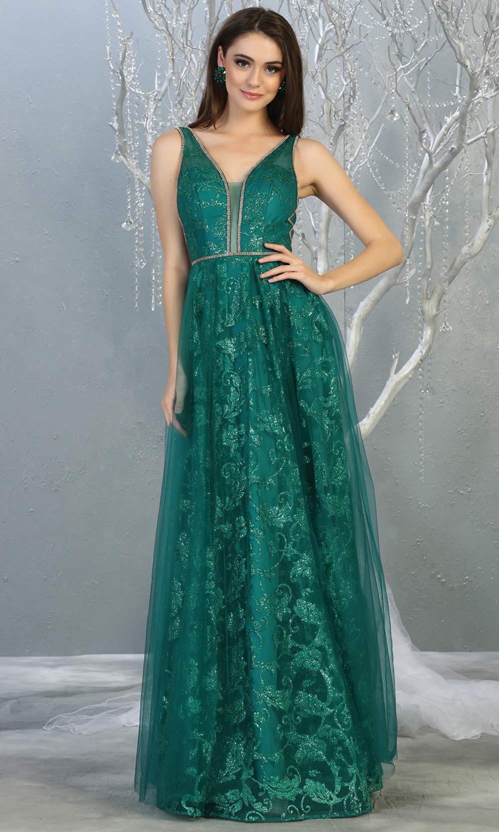 Mayqueen RQ7769 long jade green v neck flowy tulle skirt dress w/wide straps. Perfect for prom, engagement dress, e-shoot dress, formal wedding guest dress, debut, quinceanera, sweet 16, gala. Plus sizes avail in this dark green semi ballgown.jpg
