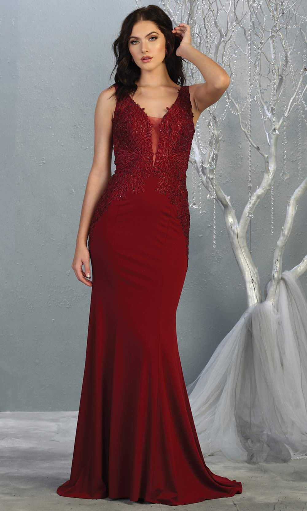 Mayqueen RQ7771 long burgundy red v neck evening fitted dress w/low back & wide strap. Full length dark red gown is perfect for  enagagement/e-shoot dress, formal wedding guest, indowestern gown, evening party dress, prom, bridesmaid. Plus sizes avail.jpg