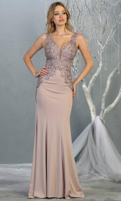 Mayqueen RQ7771 long mauve v neck evening fitted dress w/low back & wide strap. Full length dusty rose gown is perfect for  enagagement/e-shoot dress, formal wedding guest, indowestern gown, evening party dress, prom, bridesmaid. Plus sizes avail.jpg