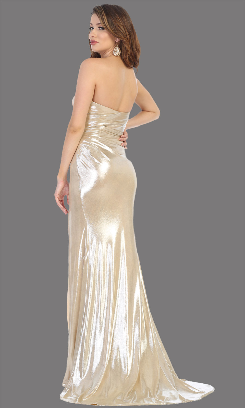 Mayqueen RQ7774 long gold strapless evening fitted metallic dress w/high slit. Full length gold gown is perfect for  enagagement/e-shoot dress, formal wedding guest, indowestern gown, evening party dress, prom, bridesmaid. Plus sizes avail-b.jpg