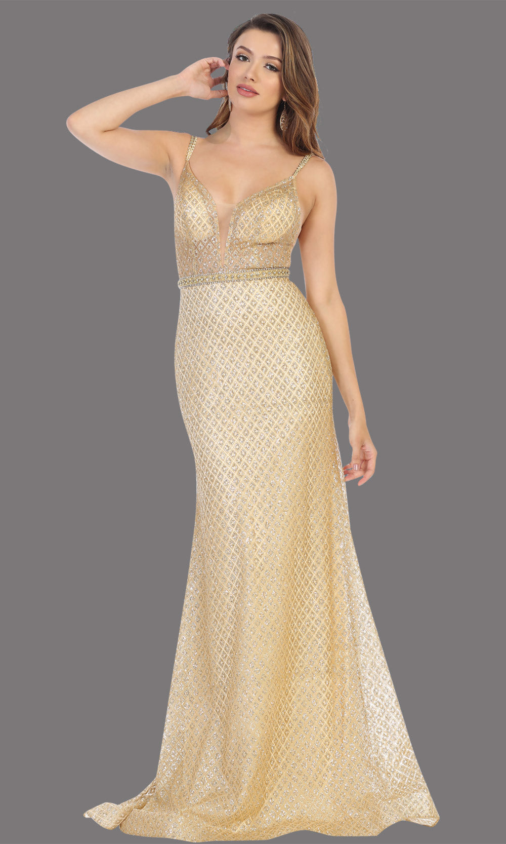 Mayqueen RQ7782 long gold v neck evening fitted sequin dress w/straps. Full length light gold gown is perfect for  enagagement/e-shoot dress, formal wedding guest, indowestern gown, evening party dress, prom, bridesmaid. Plus sizes avail.jpg