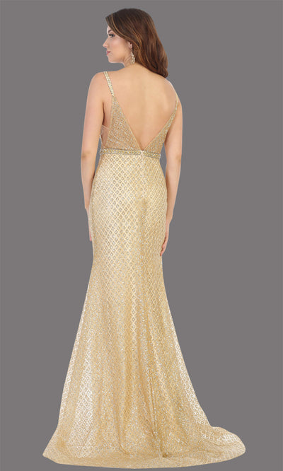 Mayqueen RQ7782 long gold v neck evening fitted sequin dress w/straps. Full length light gold gown is perfect for  enagagement/e-shoot dress, formal wedding guest, indowestern gown, evening party dress, prom, bridesmaid. Plus sizes avail-back.jpg