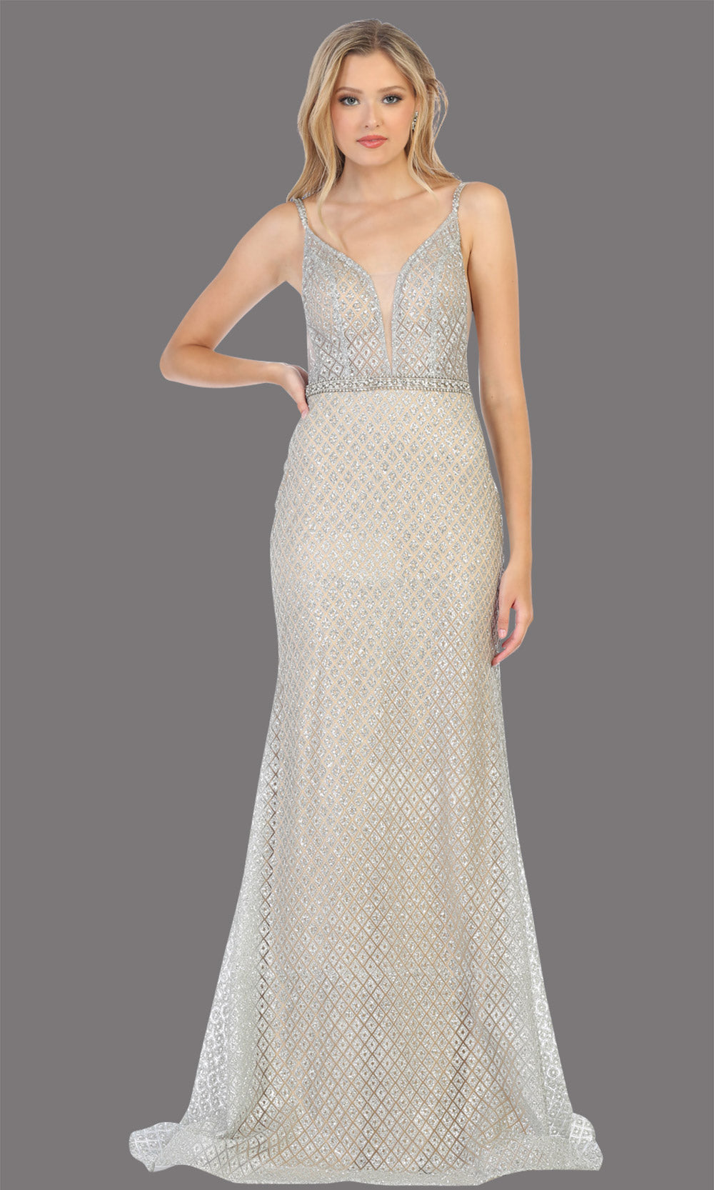 Mayqueen RQ7782 long silver v neck evening fitted sequin dress w/straps. Full length light grey gown is perfect for  enagagement/e-shoot dress, formal wedding guest, indowestern gown, evening party dress, prom, bridesmaid. Plus sizes avail.jpg