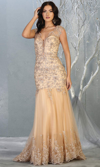 Mayqueen RQ7785 long champagne v neck evening fitted lace mermaid dress w/straps. Full length light gold gown is perfect for  enagagement/e-shoot dress, formal wedding guest, indowestern gown, evening party dress, prom, bridesmaid. Plus sizes avail.jpg