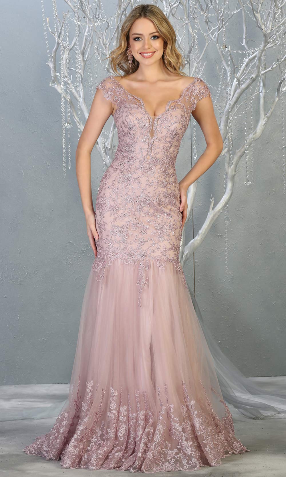 Mayqueen RQ7785 long mauve v neck evening fitted lace mermaid dress w/straps. Full length dusty rose gown is perfect for  enagagement/e-shoot dress, formal wedding guest, indowestern gown, evening party dress, prom, bridesmaid. Plus sizes avail.jpg