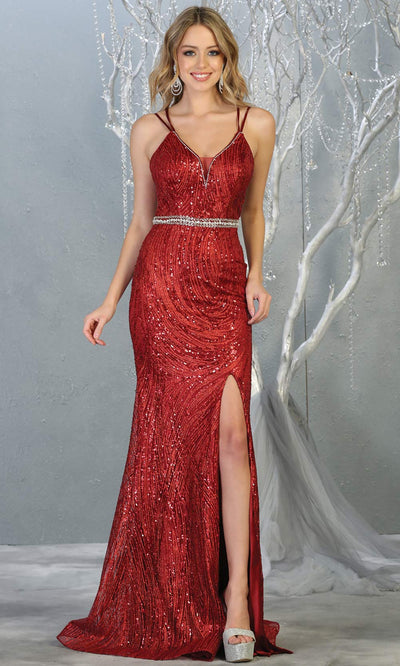 Mayqueen RQ7788 long burgundy red v neck evening fitted sequin dress w/straps & slit. Full length dark red gown is perfect for  enagagement/e-shoot dress, formal wedding guest, indowestern gown, evening party dress, prom, bridesmaid. Plus sizes avail.jpg