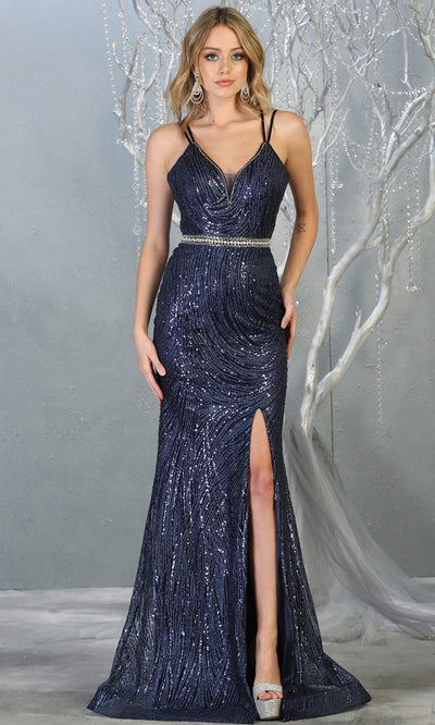 Mayqueen RQ7788 long navy blue v neck evening fitted sequin dress w/straps & slit. Full length dark blue gown is perfect for  enagagement/e-shoot dress, formal wedding guest, indowestern gown, evening party dress, prom, bridesmaid. Plus sizes avail.jpg