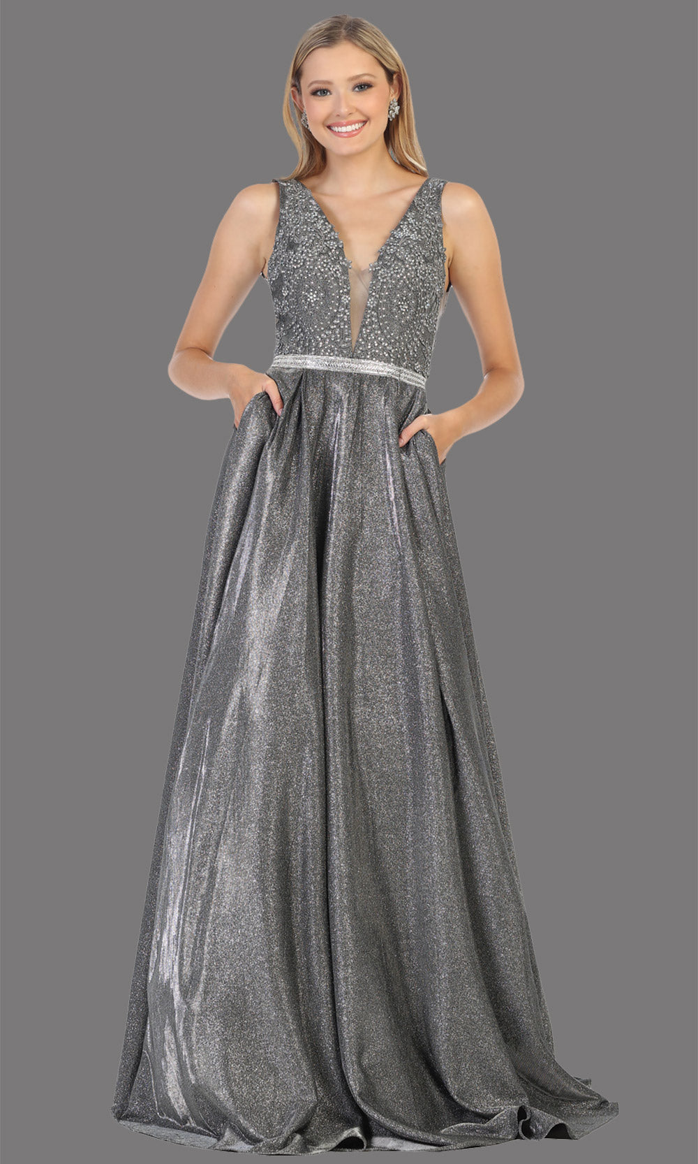 Mayqueen RQ7790 long charcoal v neck flowy metallic glitter dress. Perfect dark grey dress for prom, engagement dress, e-shoot dress, formal wedding guest dress, debut, quinceanera, sweet 16, gala. Plus sizes avail in this light blue semi ballgown.jpg