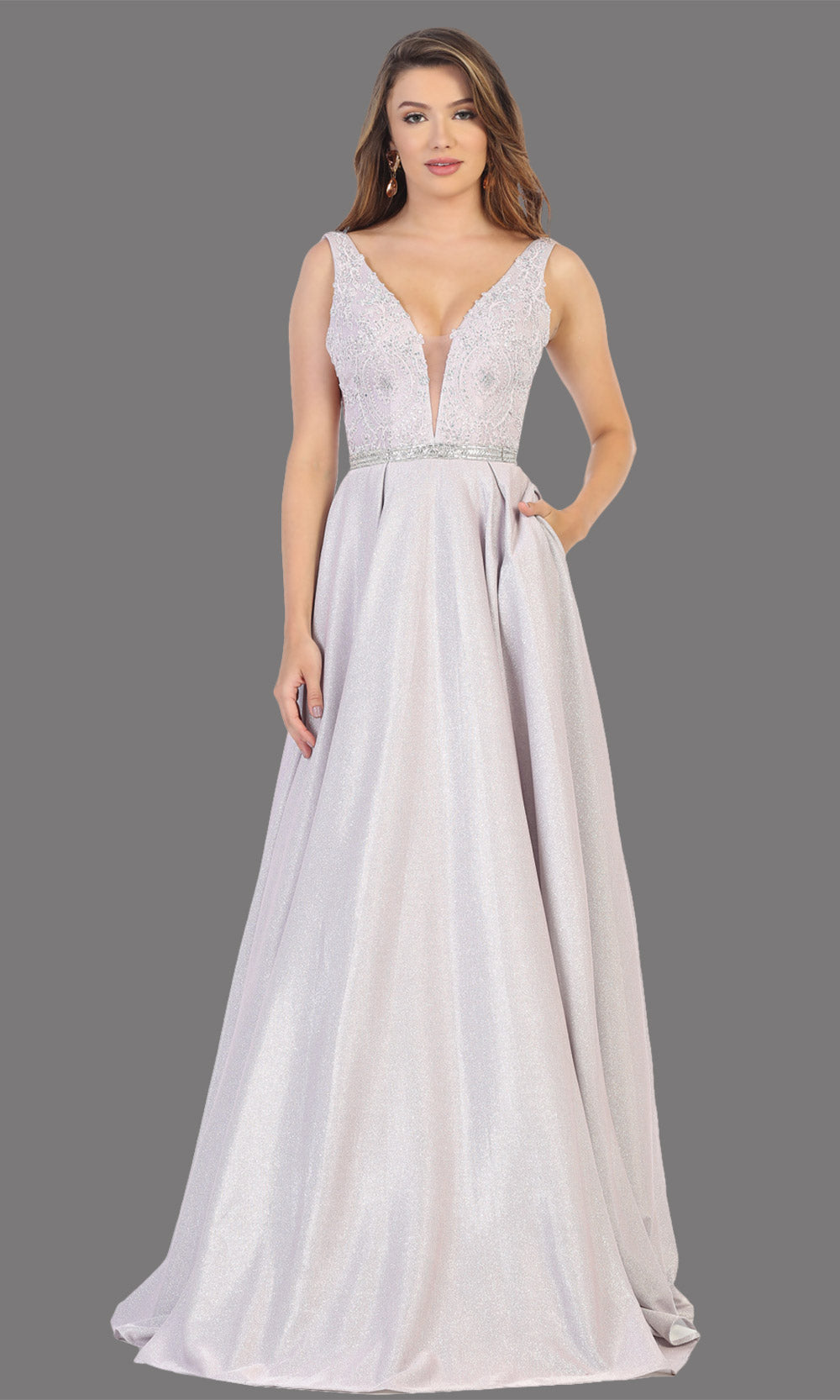 Mayqueen RQ7790 long mauve v neck flowy metallic glitter dress. Perfect lilac dress for prom, engagement dress, e-shoot dress, formal wedding guest dress, debut, quinceanera, sweet 16, gala. Plus sizes avail in this light blue semi ballgown.jpg