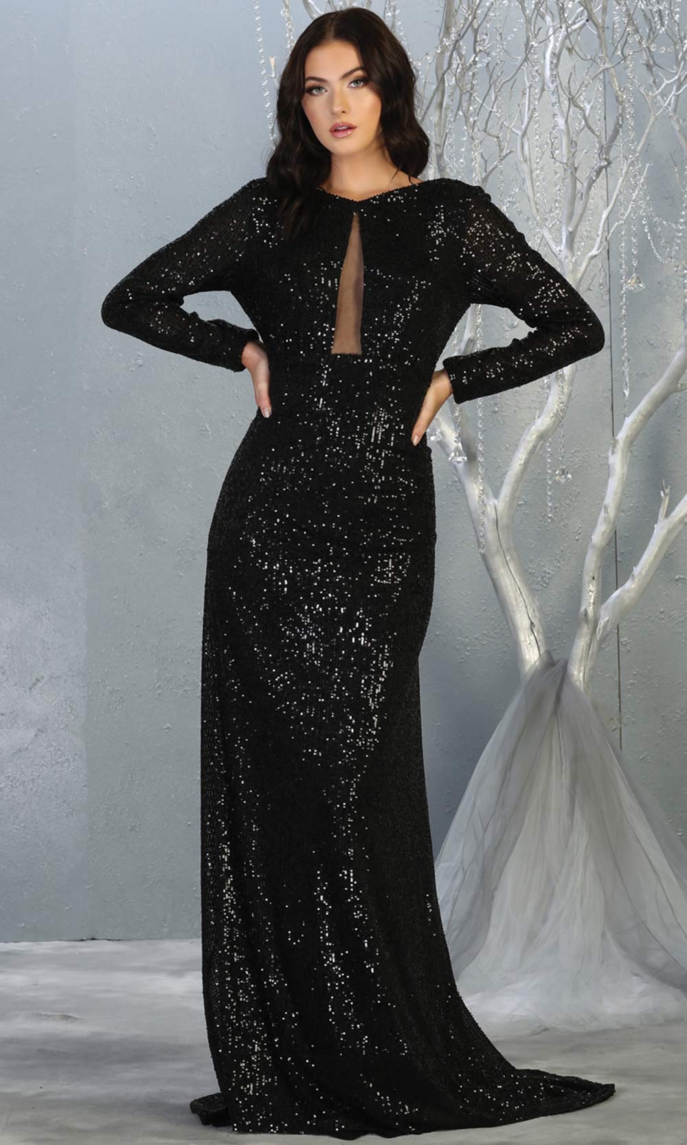 Mayqueen RQ7795 long black sequin dress with long sleeves and low open back.jpg