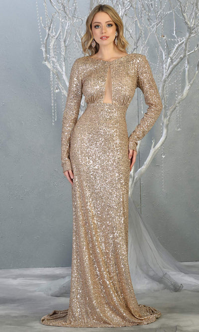 Mayqueen RQ7795 long champagne gold sequin dress with long sleeves and low open back.jpg