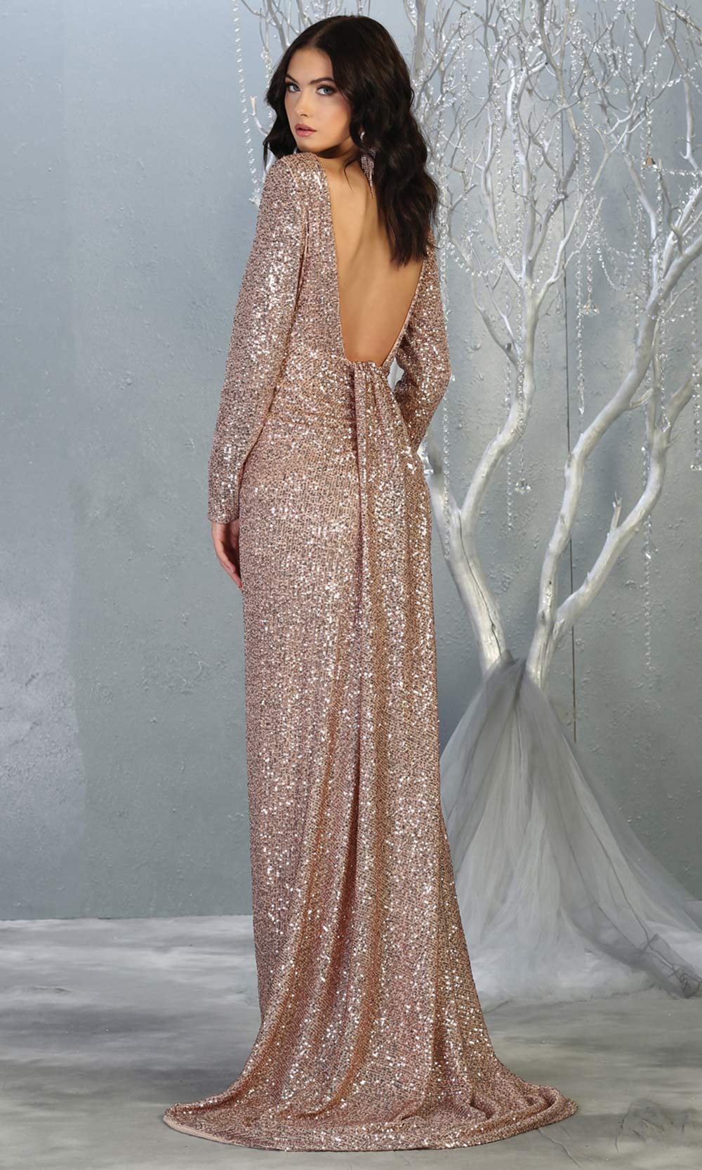 Mayqueen RQ7795 long rose gold sequin dress with long sleeves and low open back-back.jpg