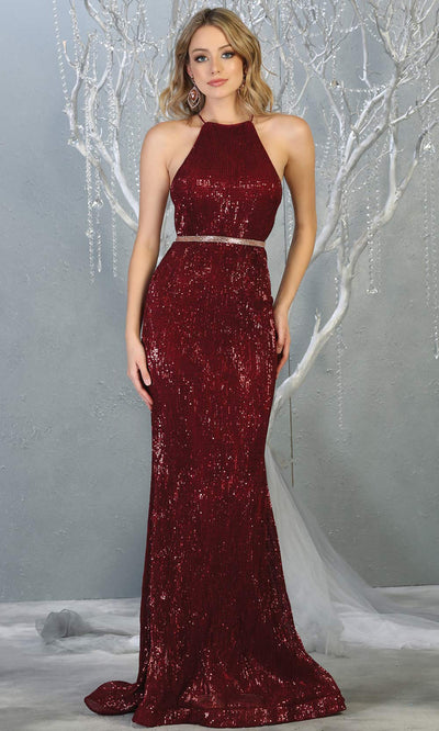 Mayqueen RQ7800 long burgundy red high neck sexy fitted sequin dress w/open back. Full length dark red gown is perfect for  enagagement/e-shoot dress, formal wedding guest, indowestern gown, evening party dress, prom, bridesmaid. Plus sizes avail.jpg