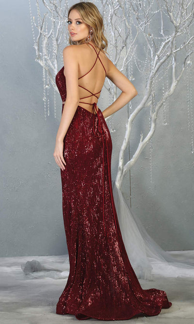Mayqueen RQ7800 long burgundy red high neck sexy fitted sequin dress w/open back. Full length dark red gown is perfect for  enagagement/e-shoot dress, formal wedding guest, indowestern gown, evening party dress, prom, bridesmaid. Plus sizes avail-b.jpg