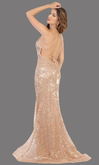 Mayqueen RQ7800 long rose gold high neck sexy fitted sequin dress w/open back. Full length rose gold gown is perfect for  enagagement/e-shoot dress, formal wedding guest, indowestern gown, evening party dress, prom, bridesmaid. Plus sizes avail-back.jpg