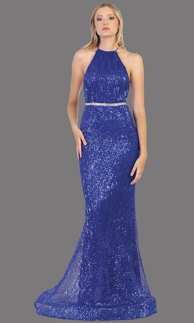 Mayqueen RQ7800 long royal blue high neck sexy fitted sequin dress w/open back. Full length royal blue gown is perfect for  enagagement/e-shoot dress, formal wedding guest, indowestern gown, evening party dress, prom, bridesmaid. Plus sizes avail.jpg
