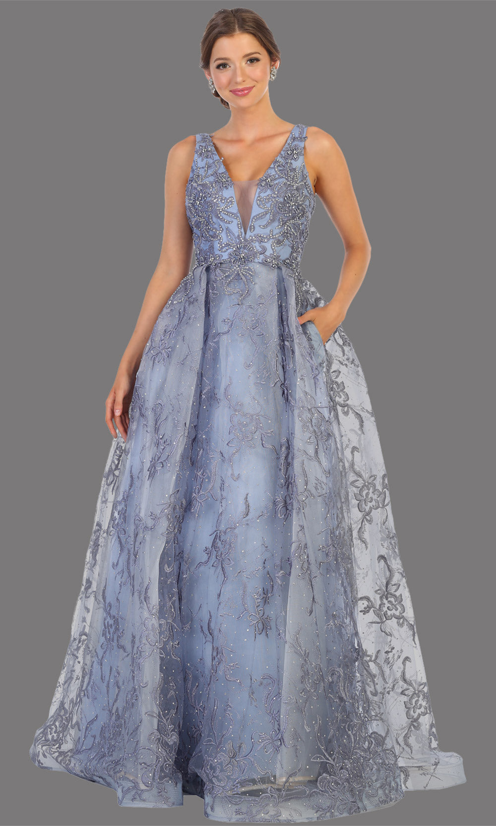 Mayqueen RQ7801 long dusty blue v neck flowy floral lace taffeta dress. Perfect blue dress for prom, engagement dress, e-shoot dress, formal wedding guest dress, debut, quinceanera, sweet 16, gala. Plus sizes avail in this light blue semi ballgown-1.jpg